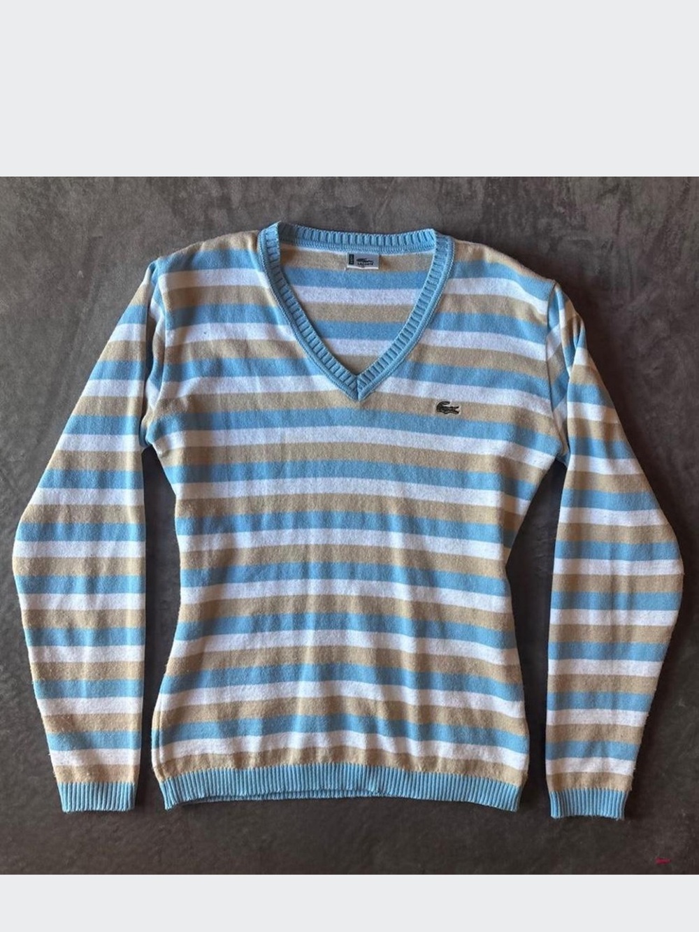 Lacoste Men's V-Neck Striped Sweater in Light Blue & Beige